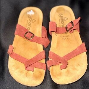 Yokono women's comfort leather sandals in burnt orange suede with a cork footbed